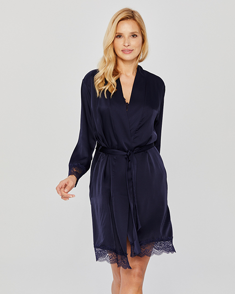 SATIN ROBE WITH LACE NAVY BLUE