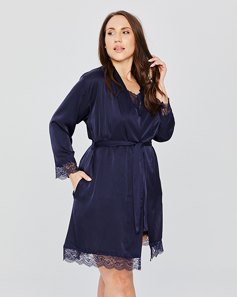 PLUS SIZE SATIN ROBE WITH LACE NAVY BLUE