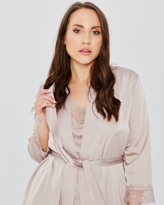 PLUS SIZE SATIN ROBE WITH LACE BEIGE - 3